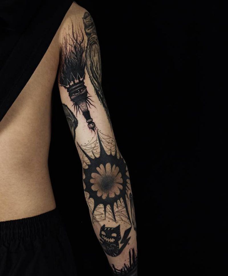 暗黑拼接花臂纹身图片_手臂腿部欧美写实花体字暗黑拼接花臂纹身图案