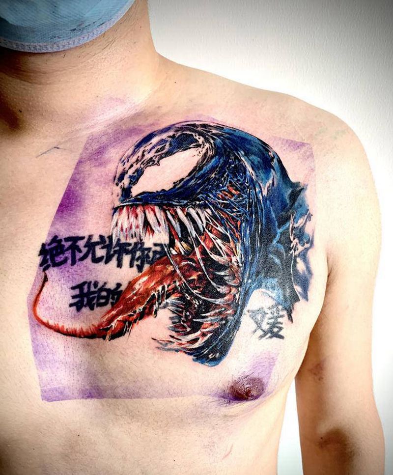 毒液遮盖纹身图片_胸部欧美写实纹身图案