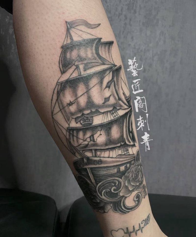 船纹身图片_腿部纹身图案