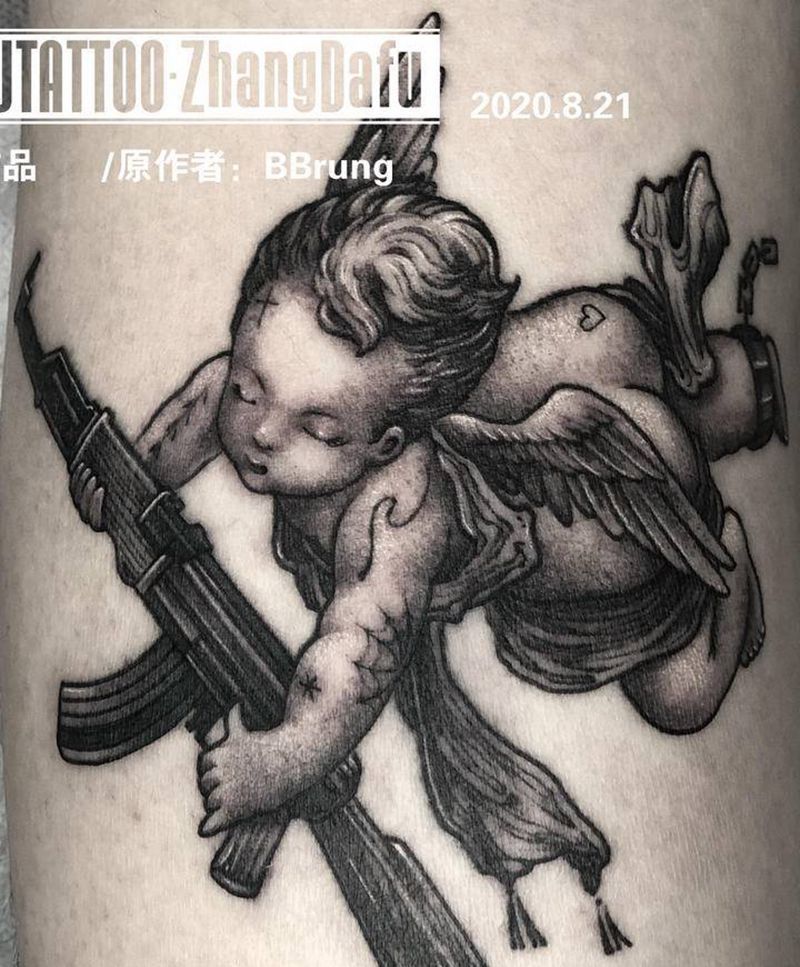 (临摹) 天使纹身图片_腿部欧美写实点刺Blackwork黑灰暗黑纹身图案