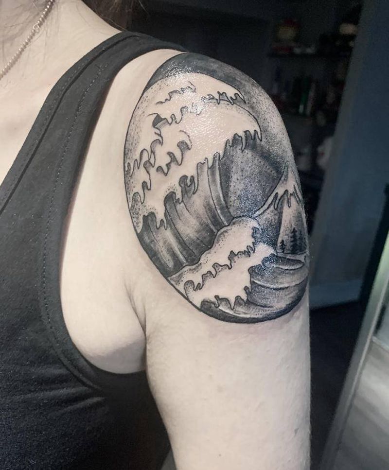 浪花+星空+山纹身图片_肩部纹身图案