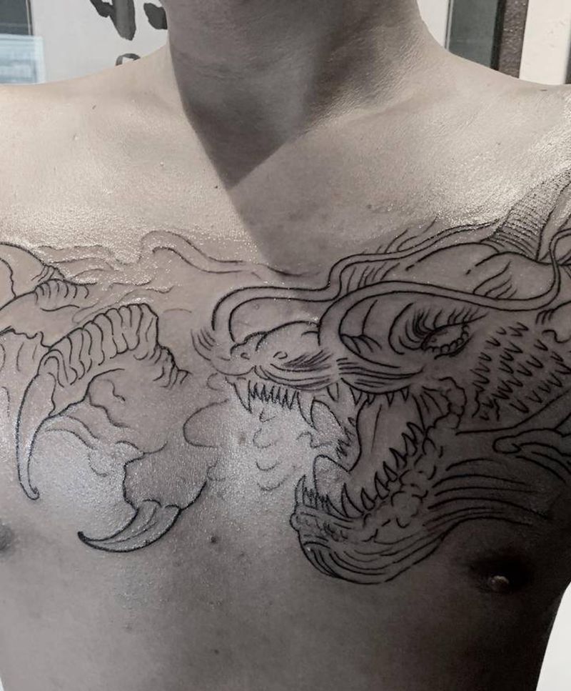 龙  割线未完纹身图片_肩部胸部新传统纹身图案