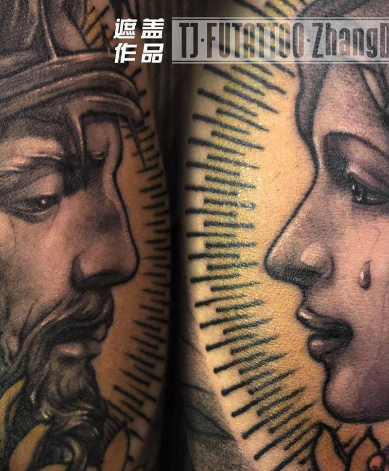 原创 圣母&耶稣 遮盖纹身图片_手臂New School圣母耶稣遮盖纹身图案