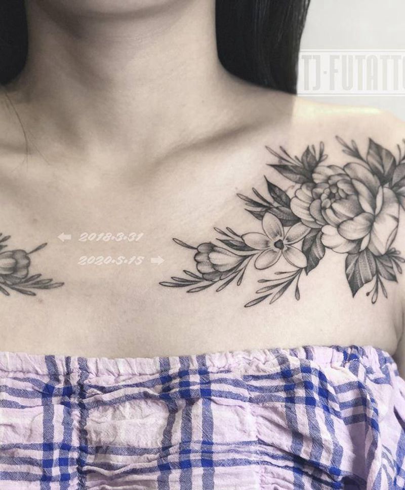 素花（两组作品）纹身图片_肩部点刺线条对称锁骨纹身图案