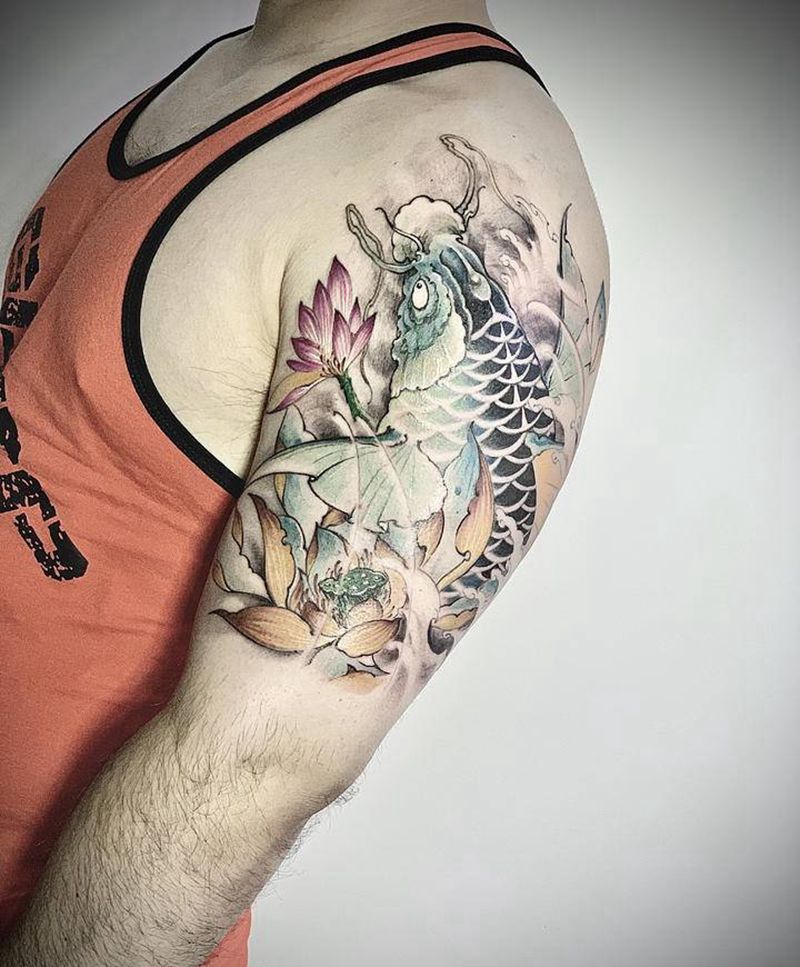 鲤鱼荷花纹身图片_手臂新传统纹身图案