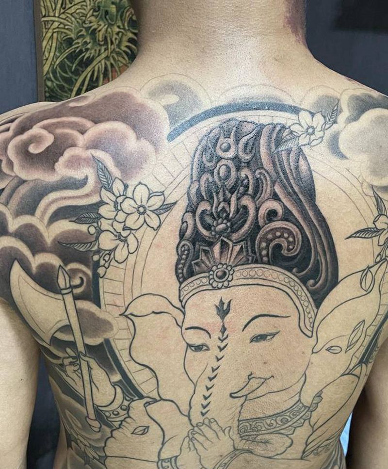 象神未完成纹身图片_背部新传统纹身图案