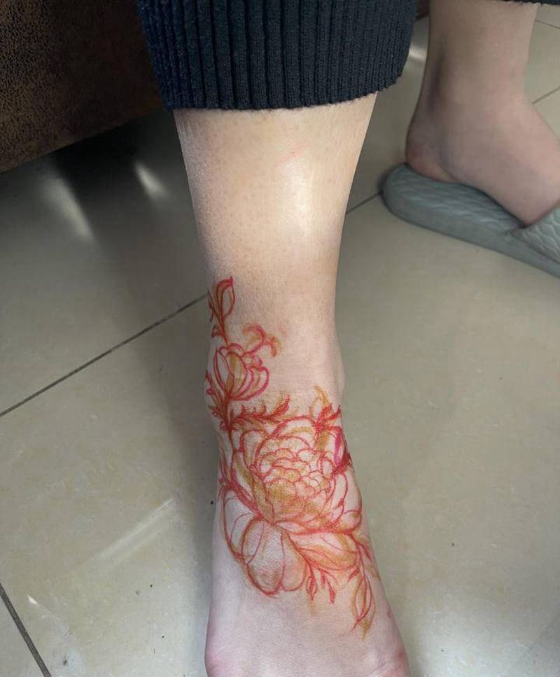 素花 遮盖轻微烫伤疤痕纹身图片_脚部素花纹身图案