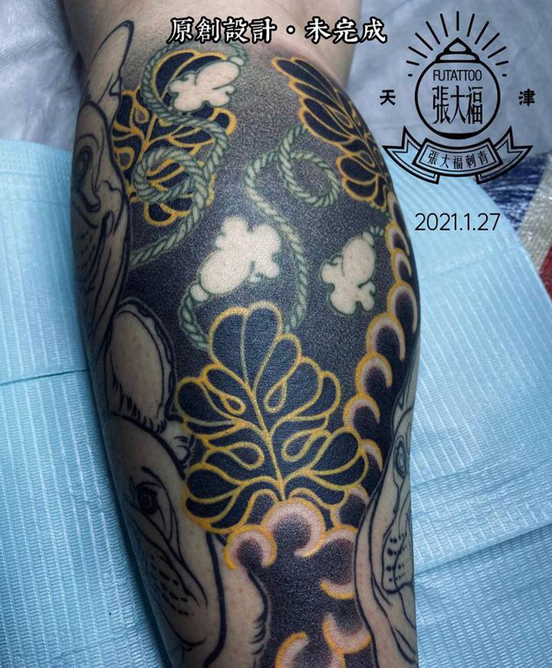 原创 法斗包小腿（未完成）纹身图片_腿部老传统狗宠物原创纹身图案