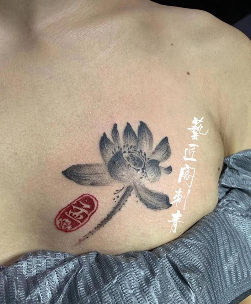 荷花纹身图片_胸部纹身图案