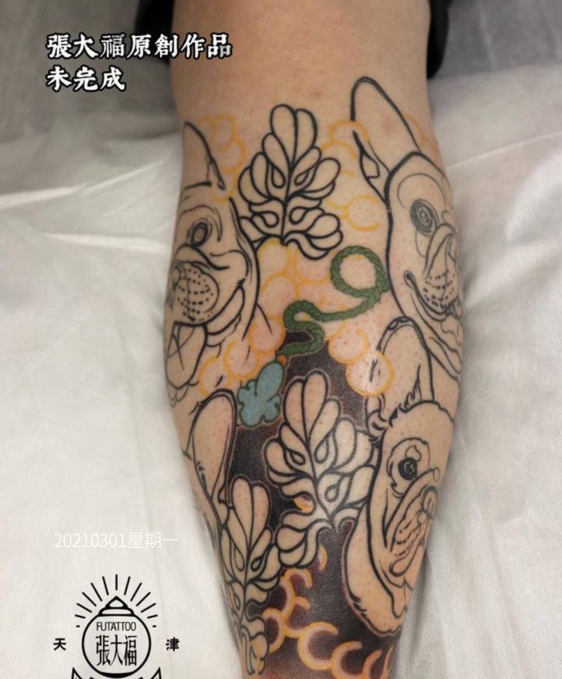 原创 法斗包小腿（前）纹身图片_New School老传统狗宠物法斗纹身图案