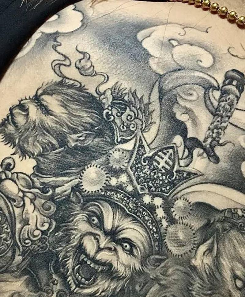 到底几个猴纹身图片_背部新传统纹身图案