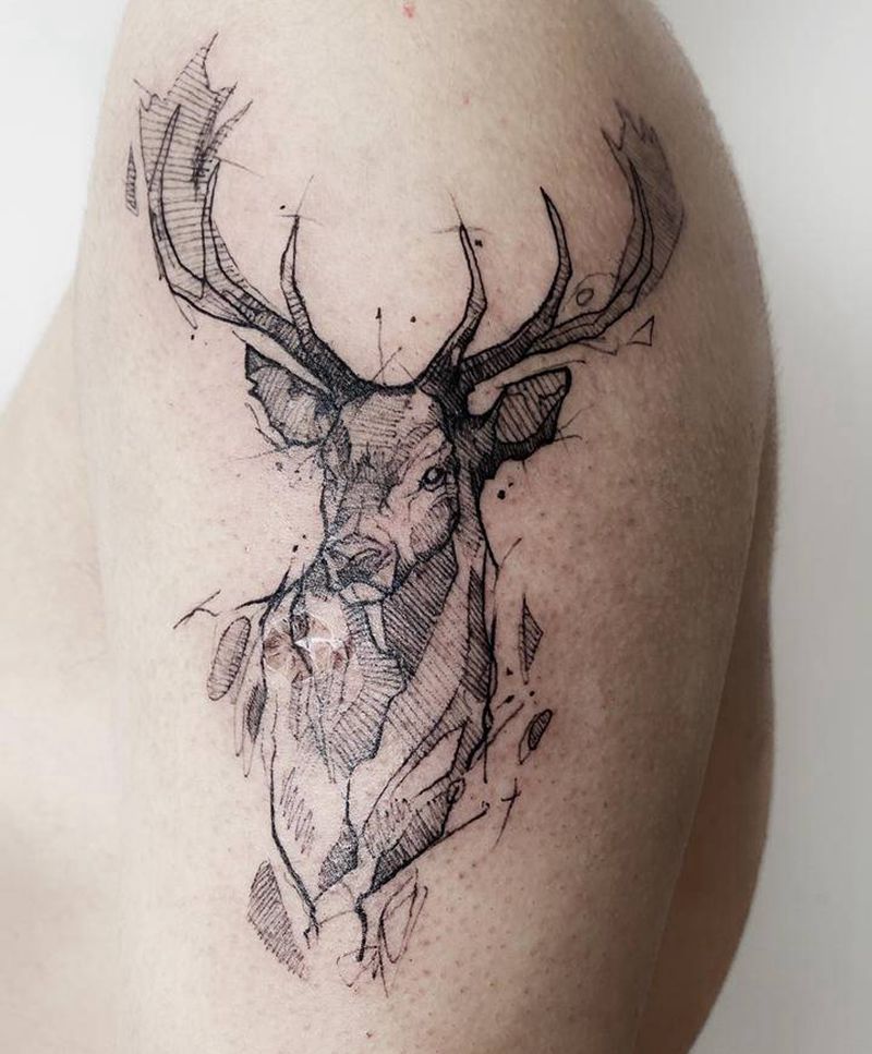 鹿纹身图片_手臂几何鹿速写清新纹身图案