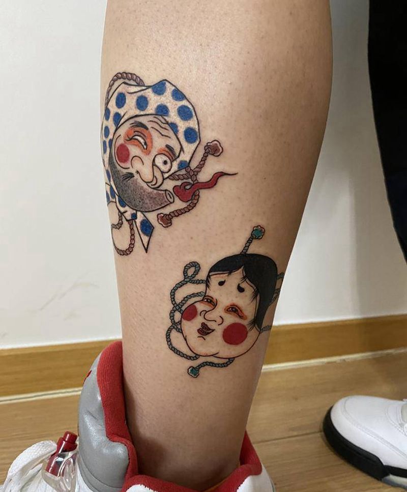 日式纹身图片_腿部新传统阿多福火男纹身图案