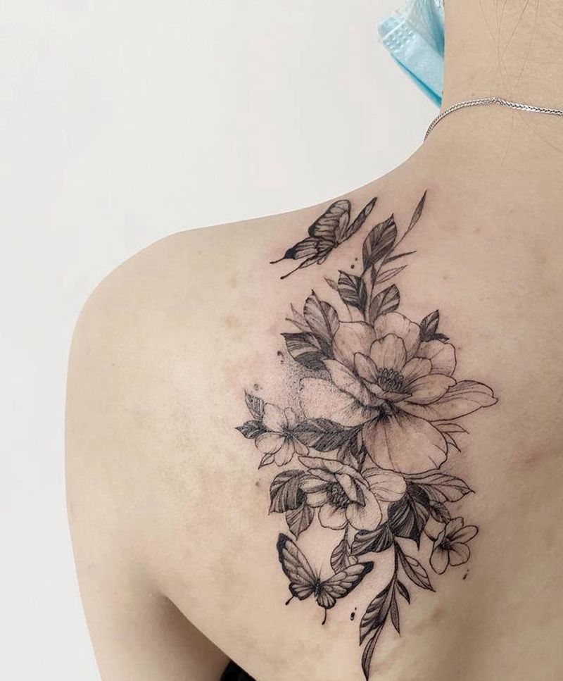 蝴蝶花纹身图片_背部水墨蝴蝶素花清新纹身图案