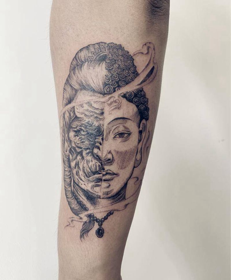 一念之间纹身图片_手臂几何菩萨恶魔速写纹身图案