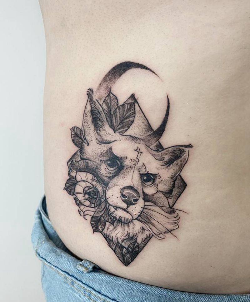 狐狸纹身图片_腰部几何New School狐狸速写纹身图案