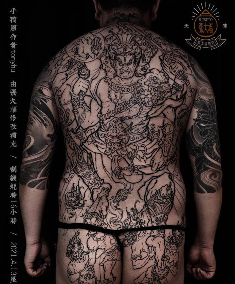 大满背 不动明王纹身图片_背部新传统满背不动明王鬼神纹身图案