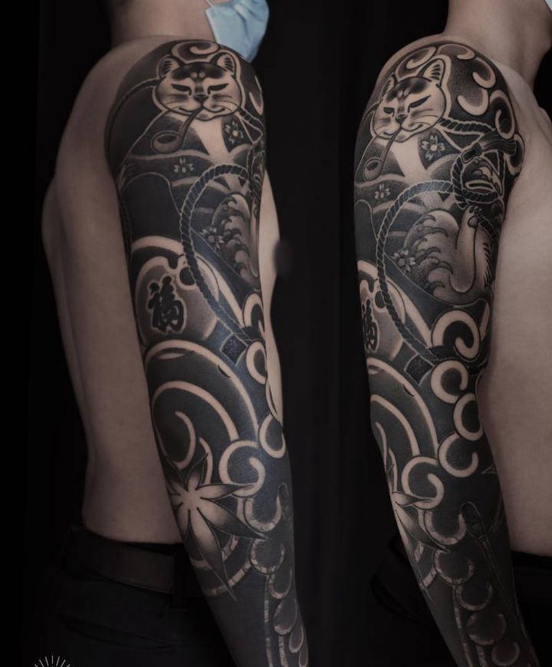 原创 花臂 遮盖纹身图片_手臂老传统遮盖原创纹身猫纹身图案