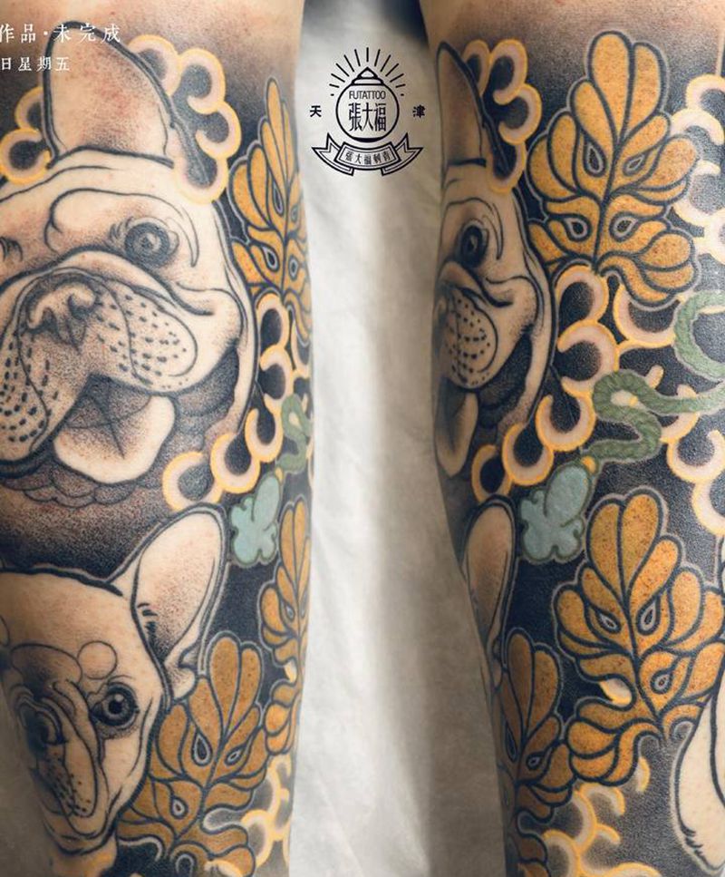 原创 包小腿 法斗纹身图片_腿部Old SchoolNew School狗宠物法斗纹身图案