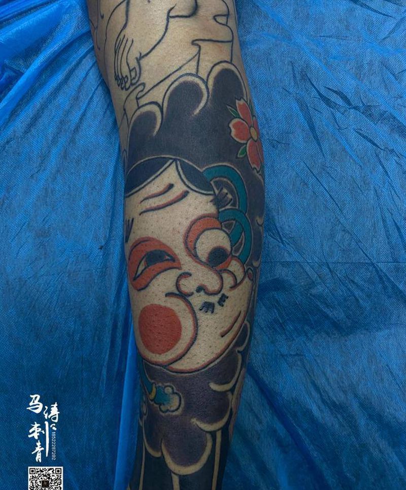 火男纹身图片_腿部老传统纹身图案