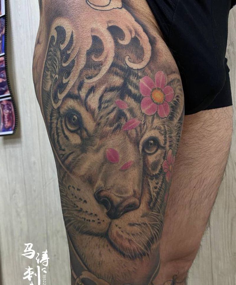 老虎  鱼浪纹身图片_腿部新传统纹身图案