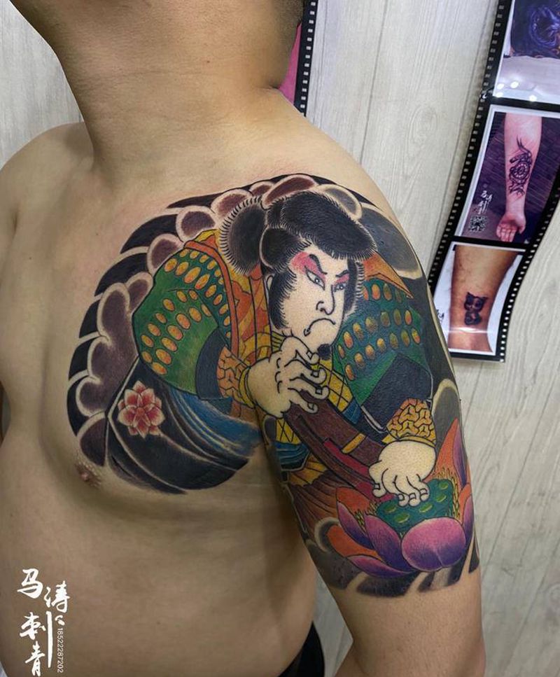 日式半甲纹身图片_肩部老传统纹身图案