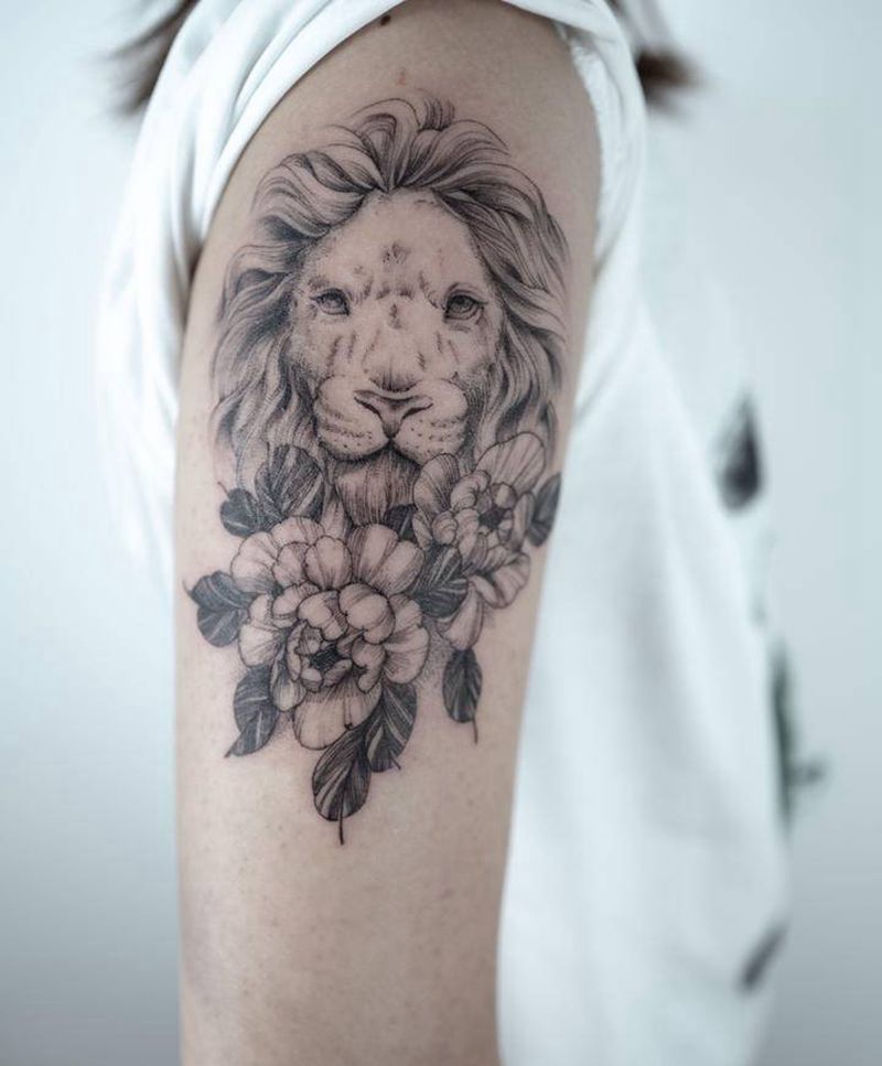 狮子素花纹身图片_手臂点刺清新纹身图案