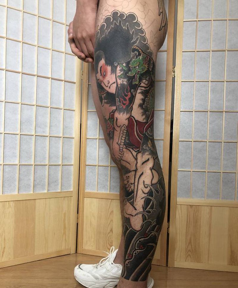 日式张顺纹身图片_腿部老传统纹身图案