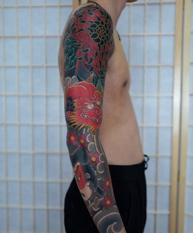 日式花臂纹身图片_手臂老传统纹身图案