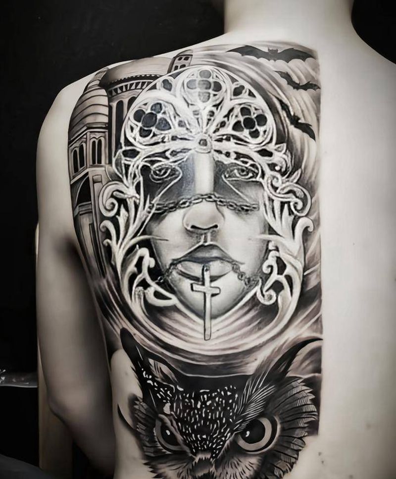 欧美半背，未完工纹身图片_背部欧美写实纹身图案