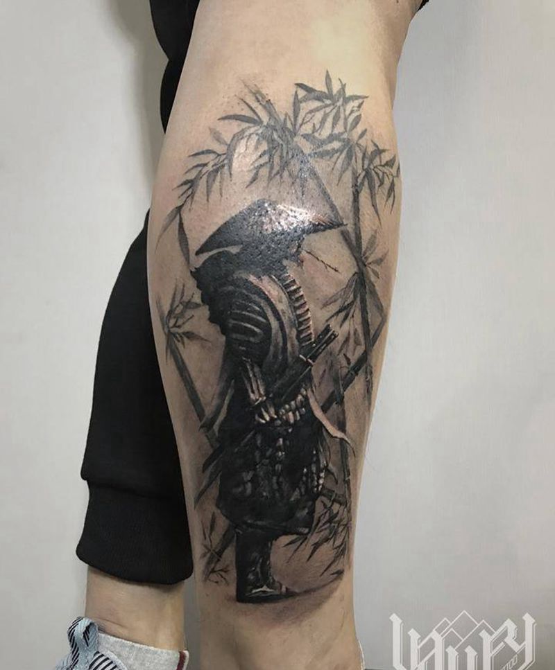 武士纹身图片_腿部水墨纹身图案