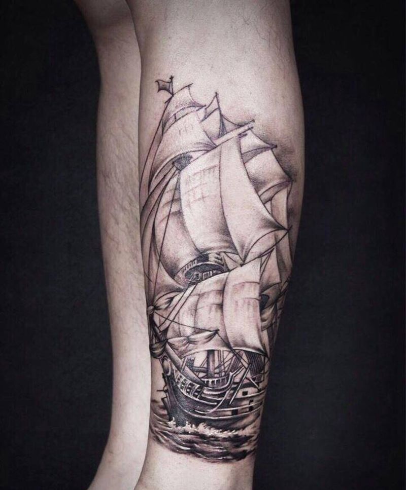 帆船纹身图片_腿部欧美写实纹身图案