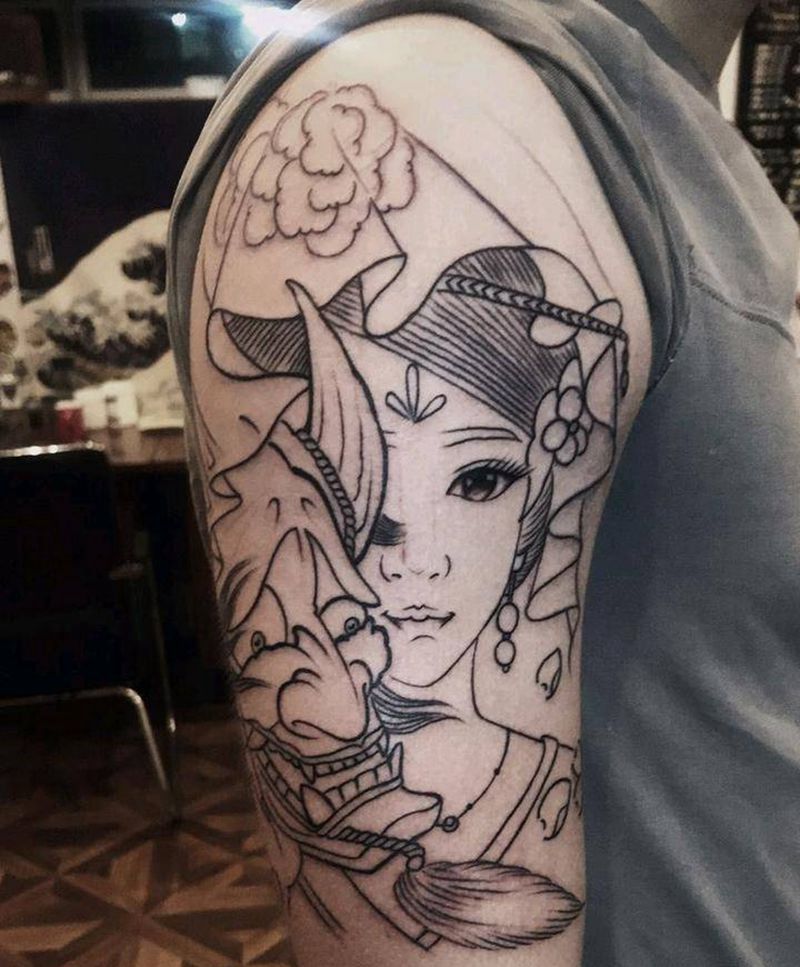 大臂艺伎线条纹身图片_