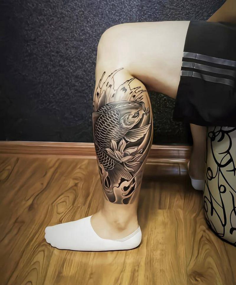 小腿鱼纹身图片_腿部新传统纹身图案