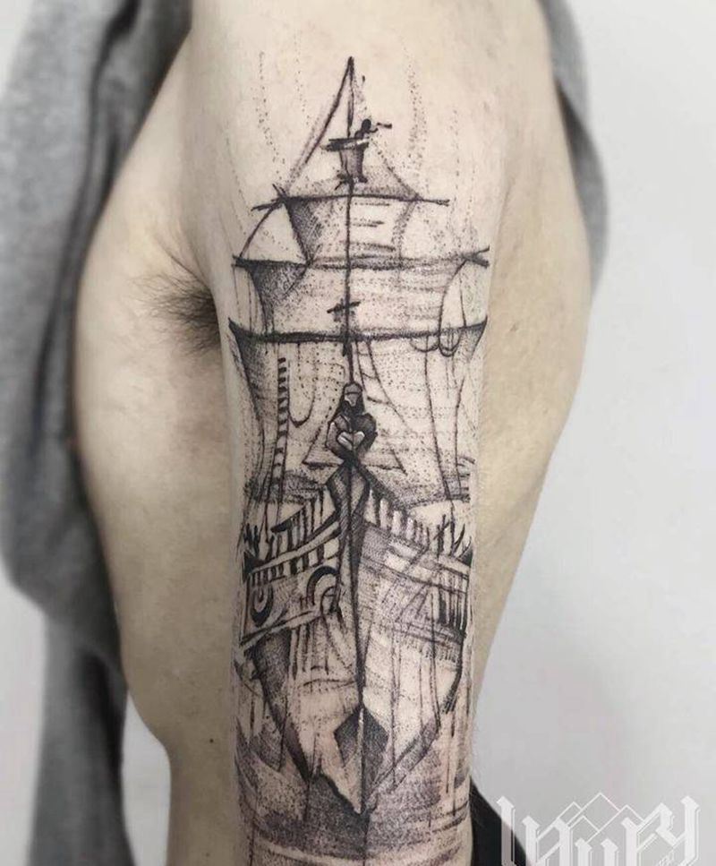 帆船纹身图片_手臂点刺纹身图案
