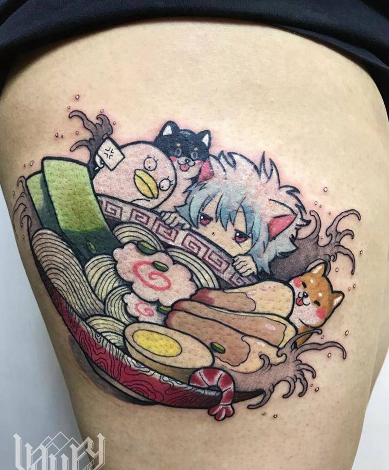 银魂柴犬拉面纹身图片_腿部New School纹身图案