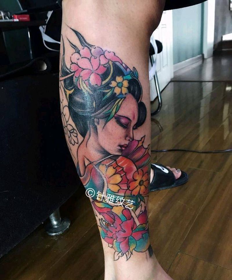 小腿艺妓纹身图片_