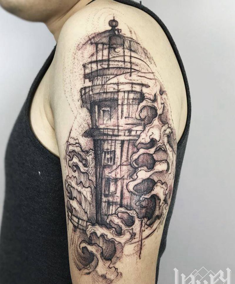 线条灯塔纹身图片_手臂欧美写实纹身图案
