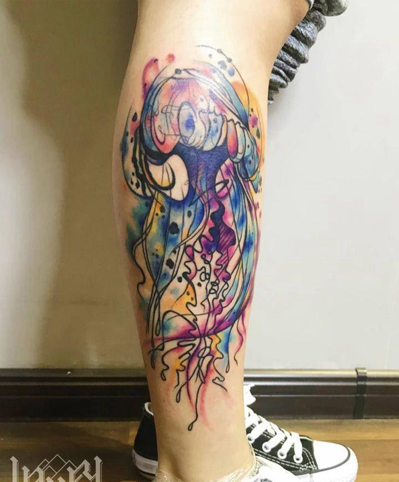 彩色水母纹身图片_腿部水彩New School纹身图案