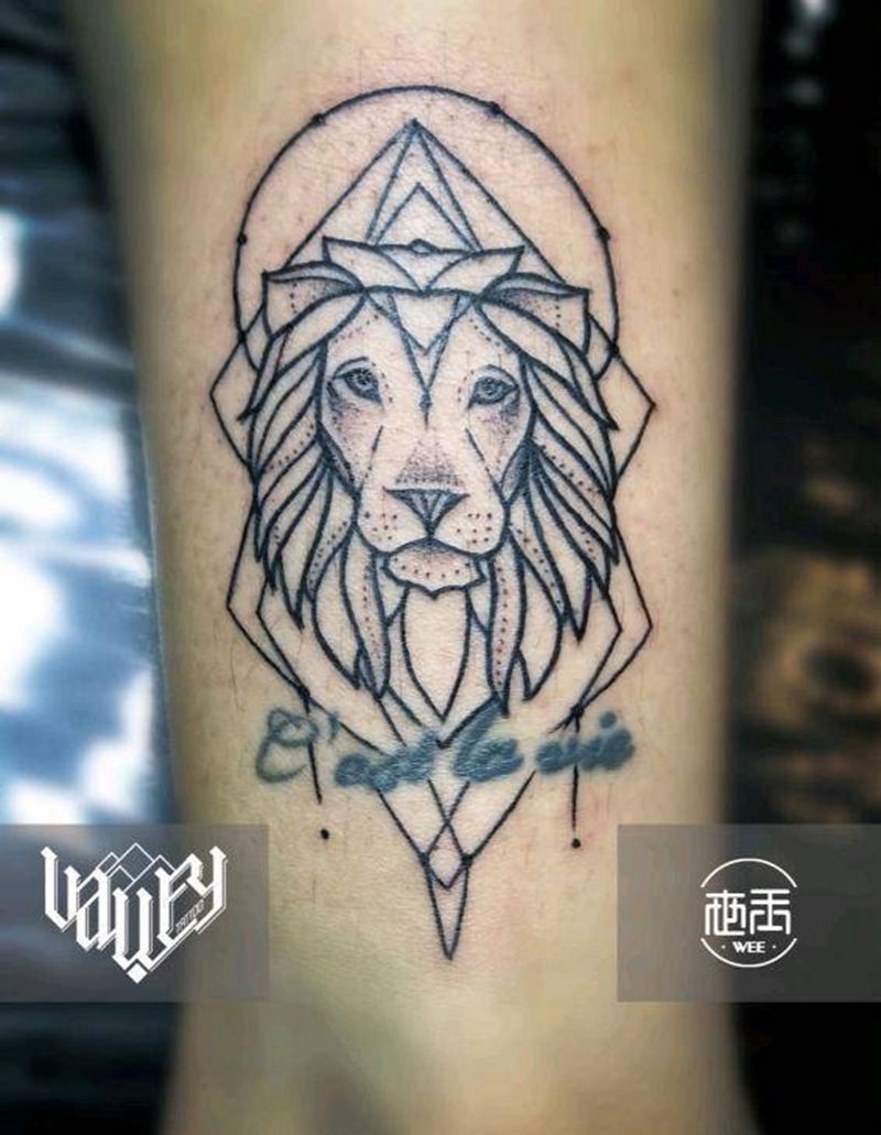 今日工作 线条狮子 世玉作品纹身图片_腿部脚部欧美清新几何动物静物成品纹身图案