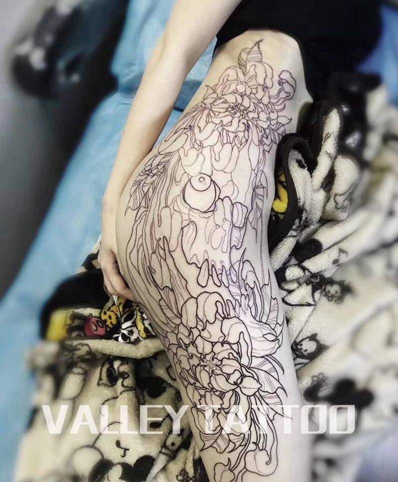 骷髅未完纹身图片_腰部腿部New School新传统纹身图案