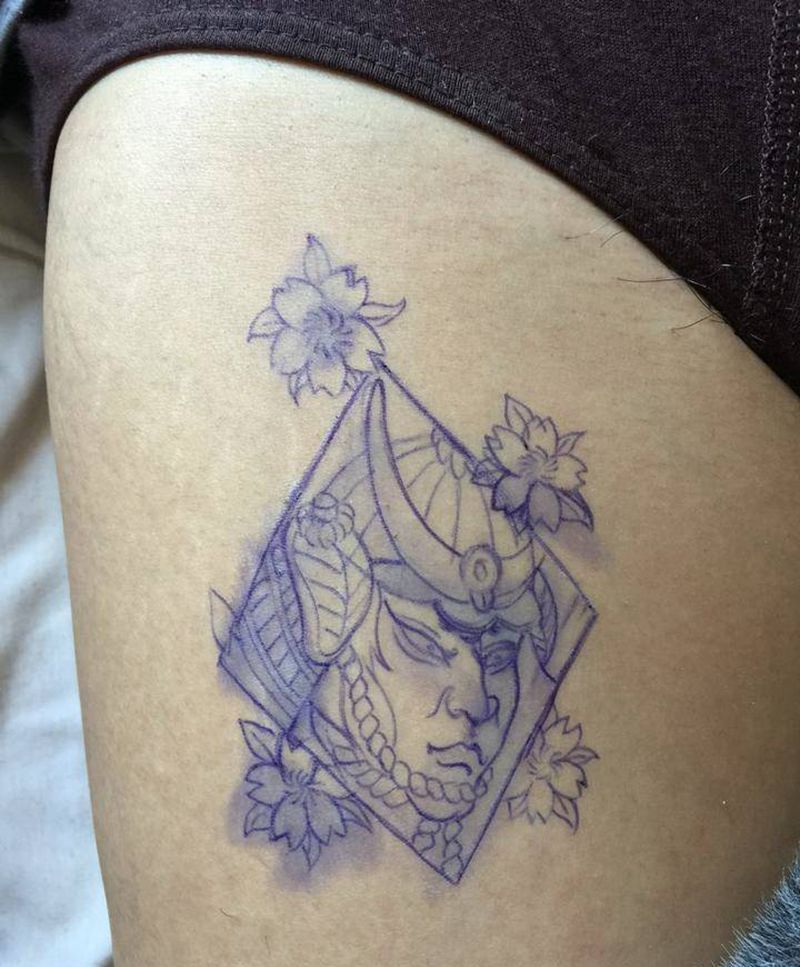 樱花武士纹身图片_成品腿部人物纹身图案