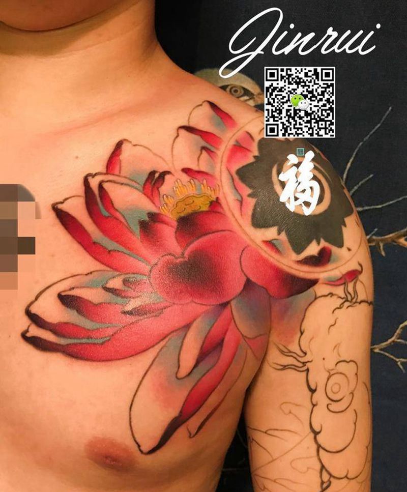 莲花纹身图片_成品胸部传统植物原创纹身图案