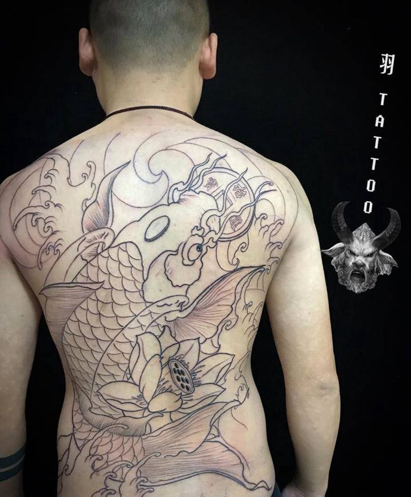 招财鲤鱼割线纹身图片_