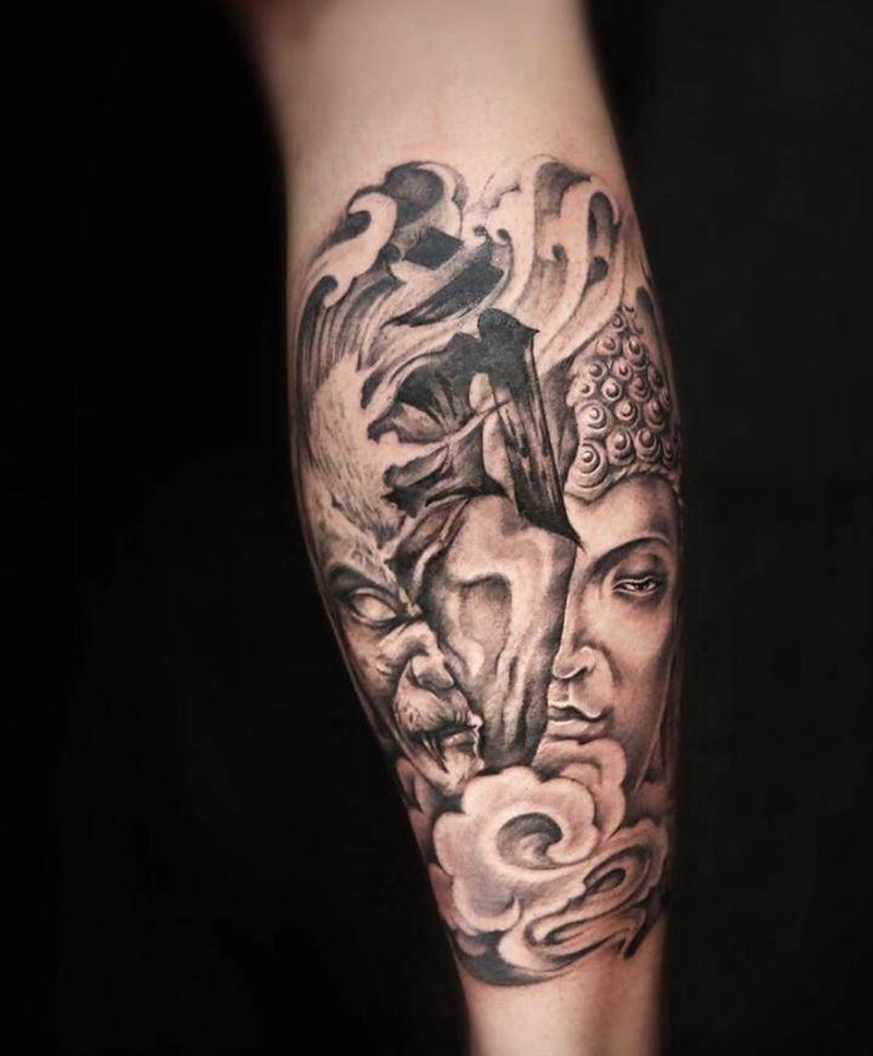 佛魔纹身图片_成品腿部欧美习俗传统人物鬼神纹身图案