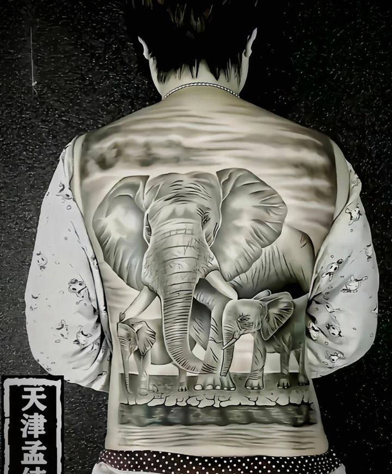 满背写实大象，完工纹身图片_背部欧美写实纹身图案