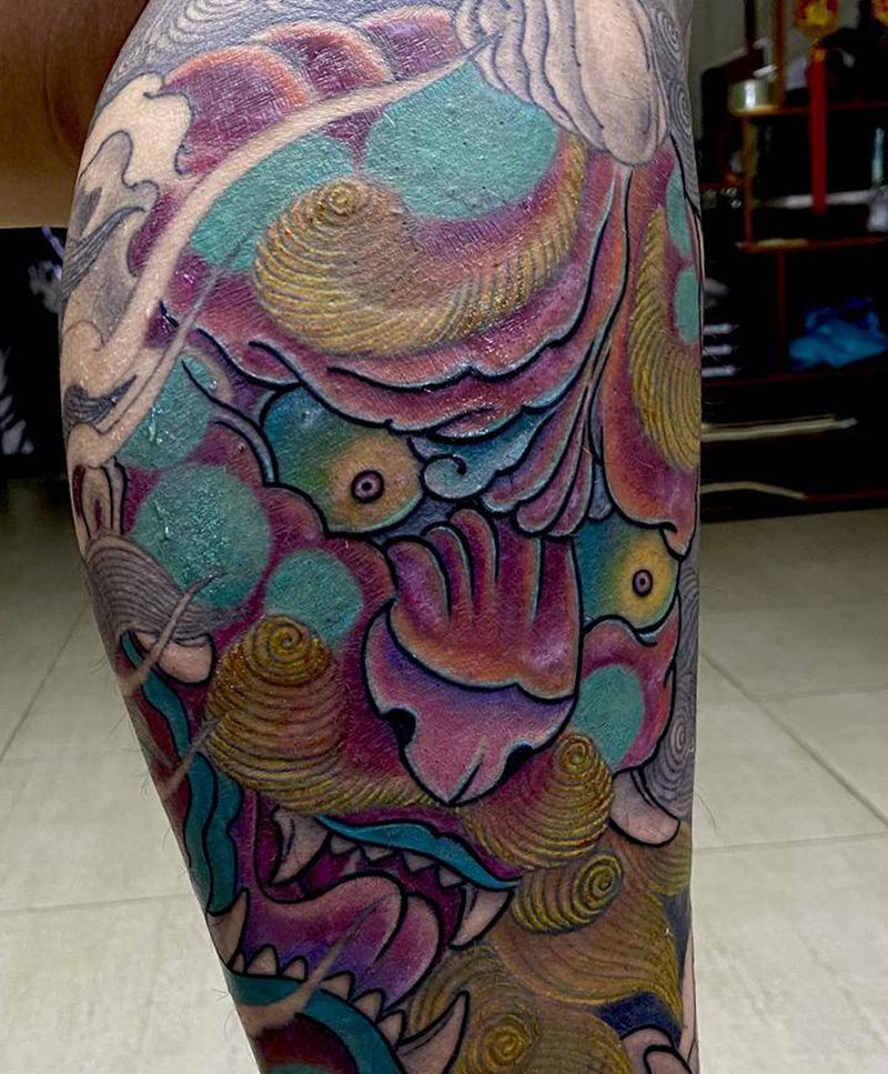 唐狮纹身图片_腿部新传统纹身图案