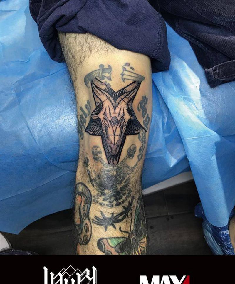 膝盖 撒旦 羊头纹身图片_成品腿部欧美习俗宗教动物鬼神字符图腾纹身图案