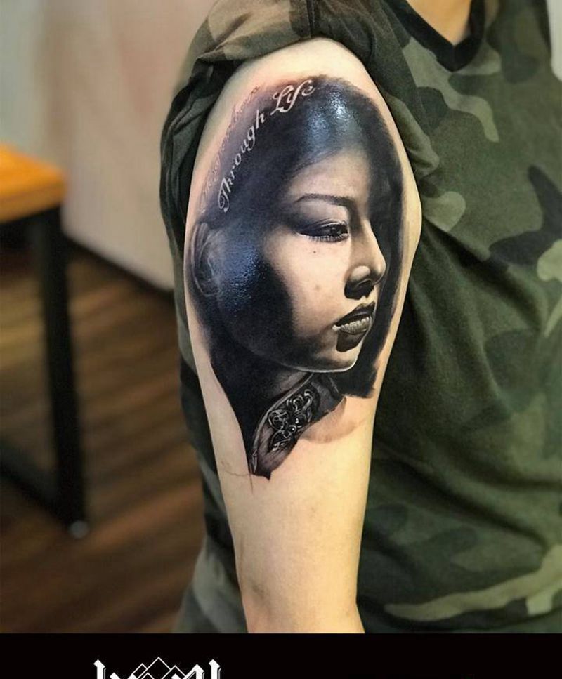 写实肖像 未完成纹身图片_成品胸部清新静物国画鬼神腰部纹身图案