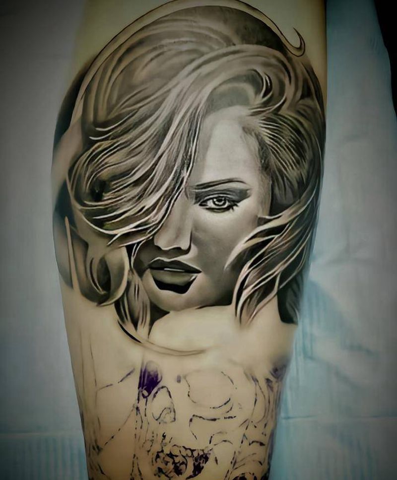 欧美肖像，未完工纹身图片_腿部欧美写实纹身图案